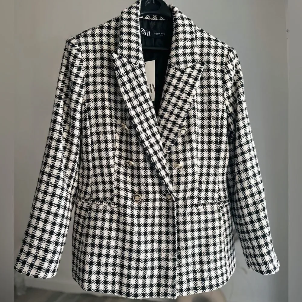 Zara Plaid Double Breasted Blazer New